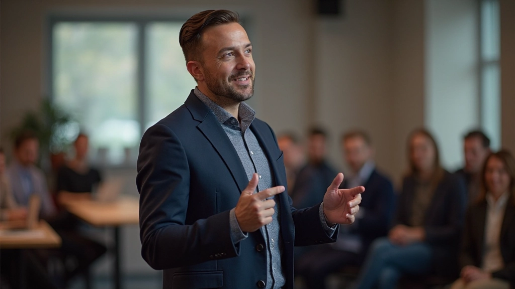 Groep professionals die luisteren naar een spreker in een moderne zakelijke omgeving