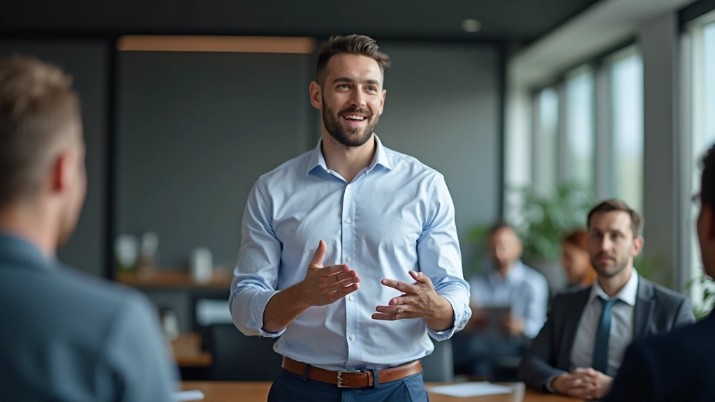 Man presenteert zelfverzekerd voor groep in professionele setting