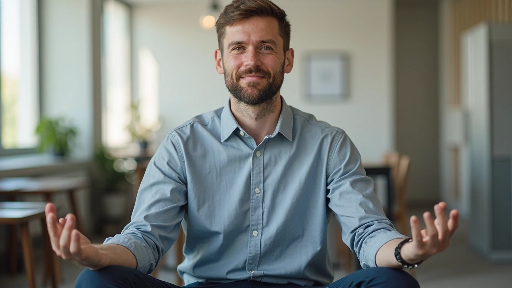 Persoon die mediteert en zich voorbereidt voor een presentatie in een rustige omgeving