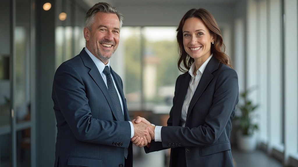 Twee zakenmensen schudden handen na succesvolle onderhandeling met blijde gezichten