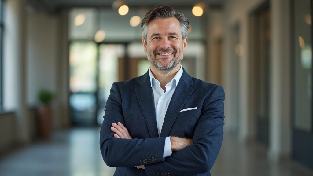 Zelfverzekerde man staat in ontspannen pose met armen gekruist in kantoor