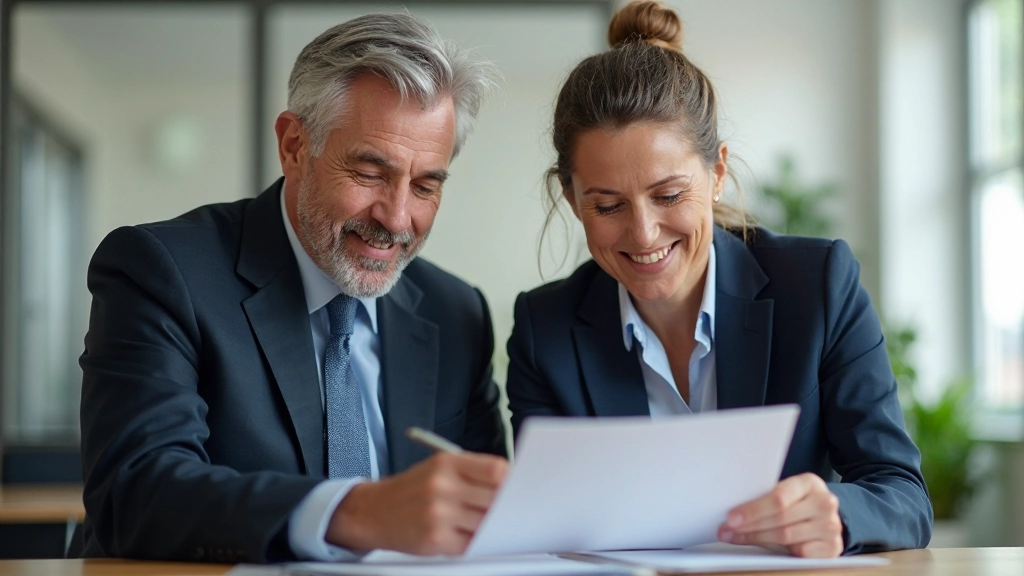 Twee zakenpartners kijken naar document met glimlach, tevreden met bereikt akkoord