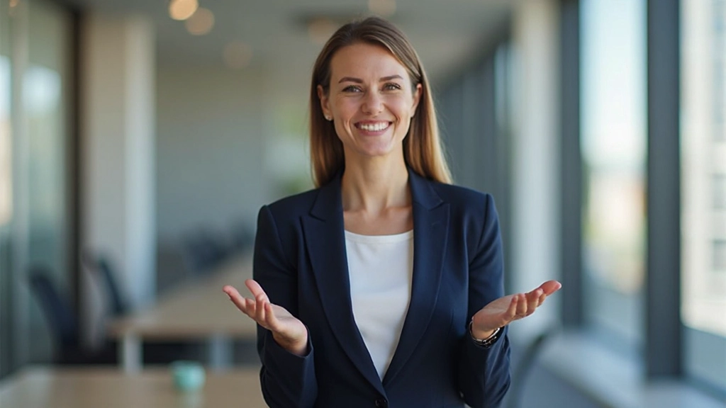 Professioneel portret van zelfverzekerde zakenvrouw in vergaderruimte met geopende handen in welkomstgebaar